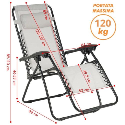 SEDIA PIEGHEVOLE RECLINABILE ZERO GRAVITA' GRIGIO