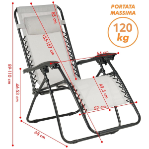 SEDIA PIEGHEVOLE RECLINABILE ZERO GRAVITA' GRIGIO