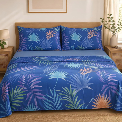 COMPLETO LENZUOLA MATRIMONIALE BASSETTI PALMSHADE AZZURRO