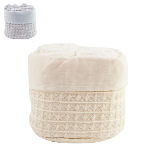 SET 4 LAVETTE BAGNO WAFFLE CON CESTINO IN TESSUTO
