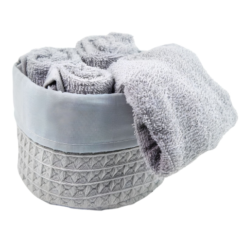 SET 4 LAVETTE BAGNO WAFFLE CON CESTINO IN TESSUTO