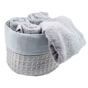 SET 4 LAVETTE BAGNO WAFFLE CON CESTINO IN TESSUTO