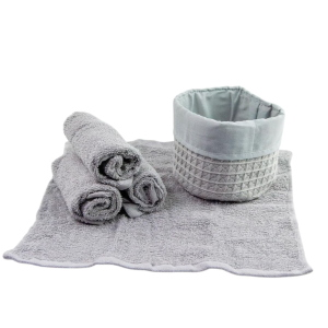 SET 4 LAVETTE BAGNO WAFFLE CON CESTINO IN TESSUTO
