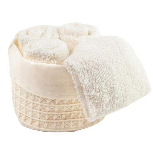 SET 4 LAVETTE BAGNO WAFFLE CON CESTINO IN TESSUTO