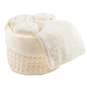 SET 4 LAVETTE BAGNO WAFFLE CON CESTINO IN TESSUTO