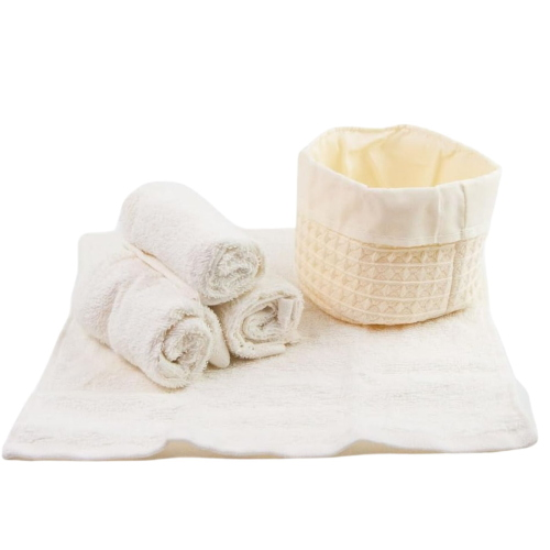 SET 4 LAVETTE BAGNO WAFFLE CON CESTINO IN TESSUTO