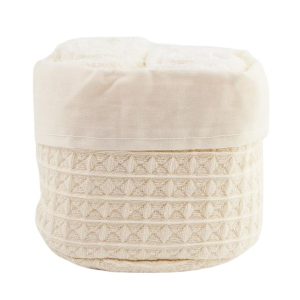 SET 4 LAVETTE BAGNO WAFFLE CON CESTINO IN TESSUTO